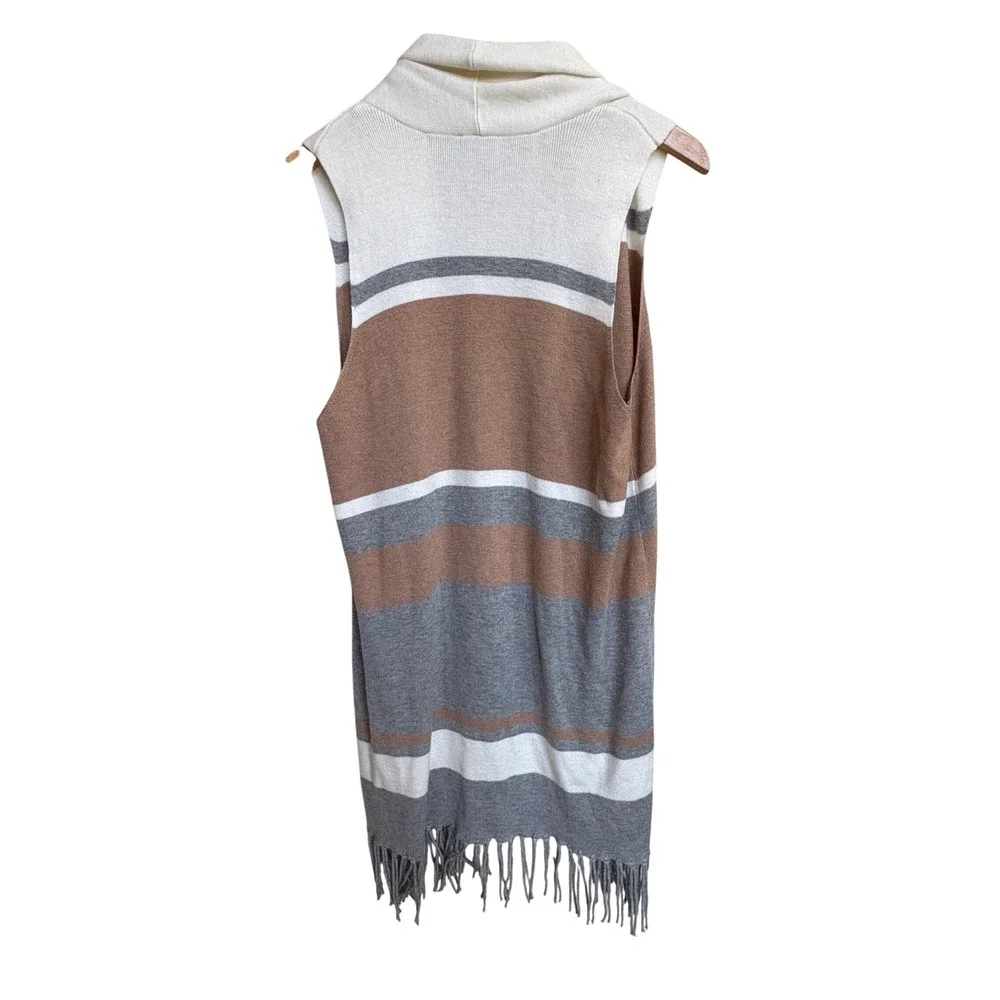 Chico's Striped Fringe Hem Open Front Longline Cardigan Vest Size 1 Medium